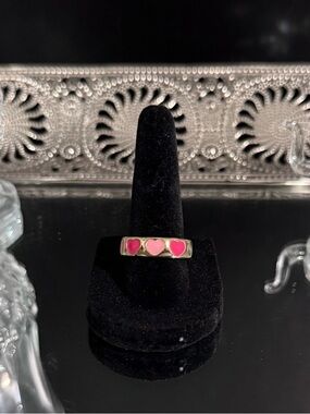 Gold Band Ring with Pink Heart Enamel Accents
